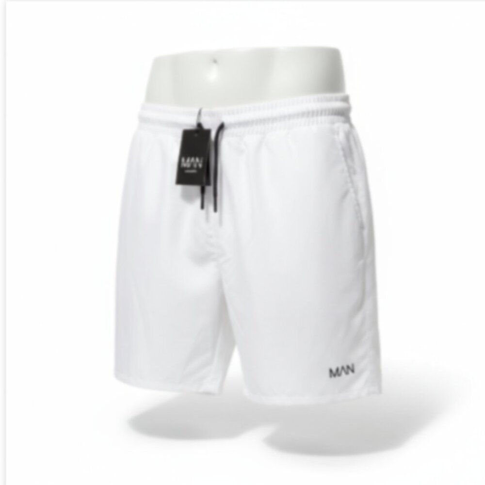 BoohooMAN Mens L White Swim Trunks 5 Inseam Mesh Lined Drawstring NWT